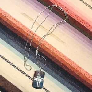 Long silver tag and cross necklace